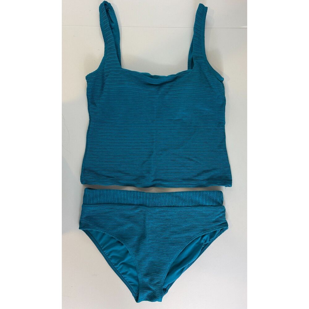 Time and Tru Women's Teal Blue Textured Tankini Swimsuit Set Size L 12-14